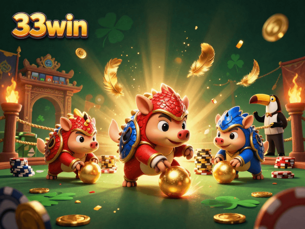 Engage with the thrilling action of 33win's lively casino scene featuring playful pangolins in armor.