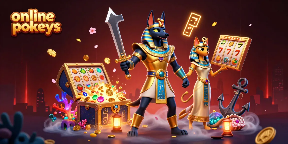Experience thrilling online pokies action with Anubis and Bastet in this vibrant casino-themed illustration.