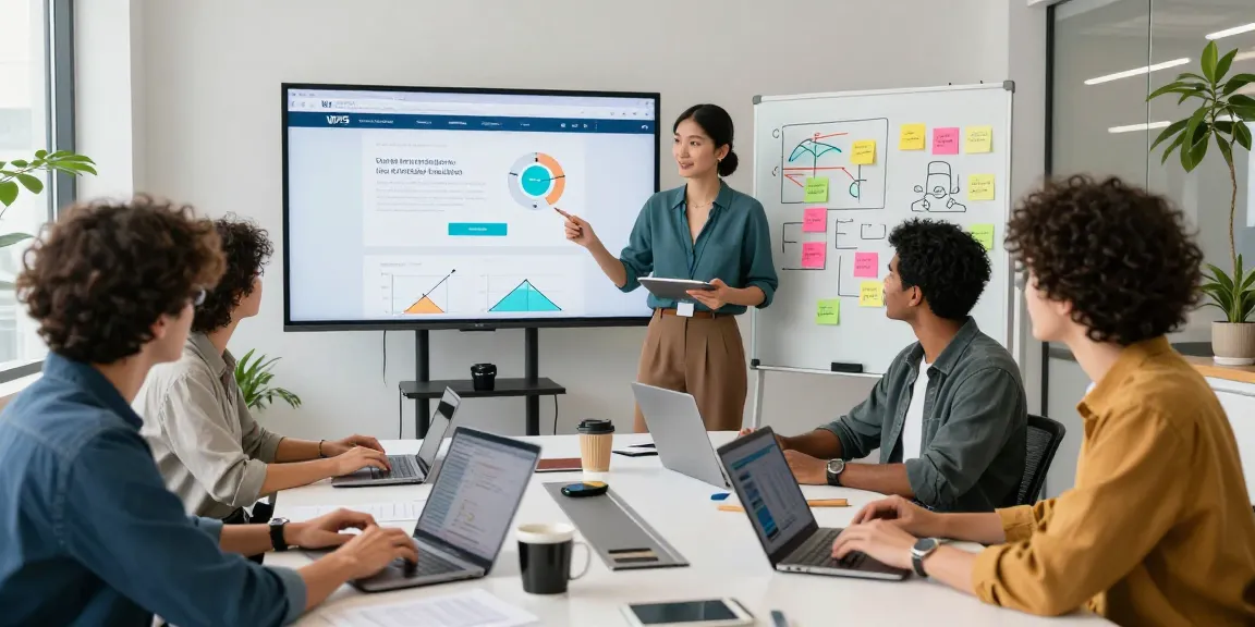 Team collaborating on ideas at the WPS Official Website displayed on screen in a modern office.