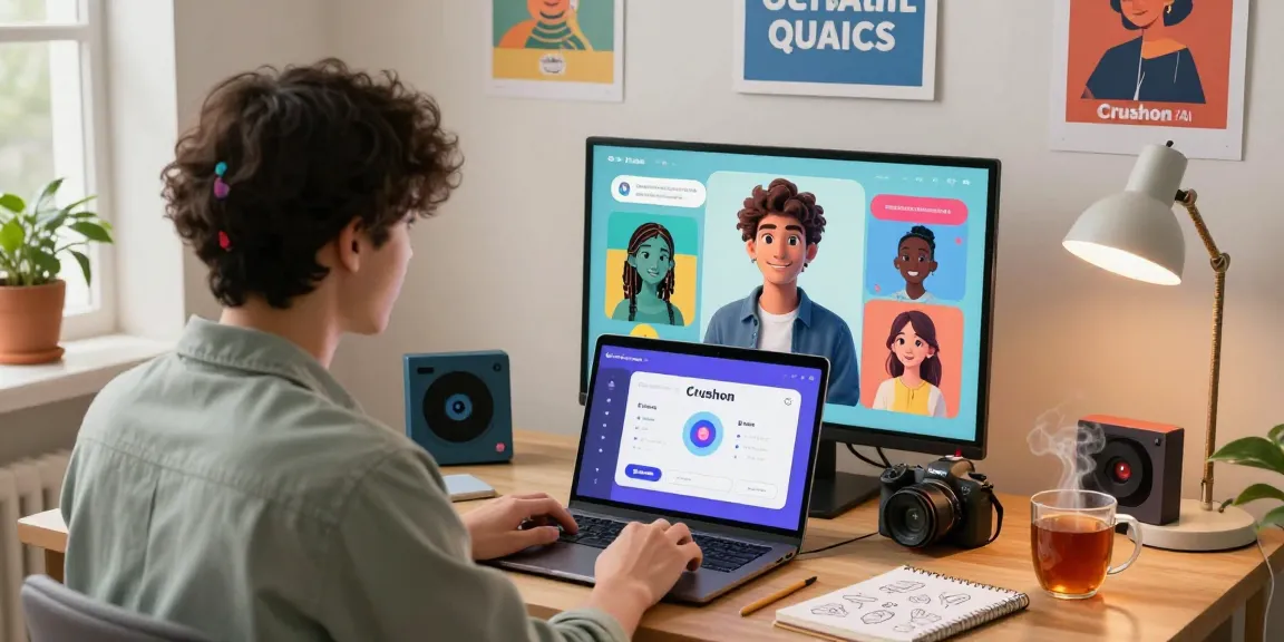 Engaging chat session on Crushon AI, showcasing vibrant character avatars and a user in a cozy home.
