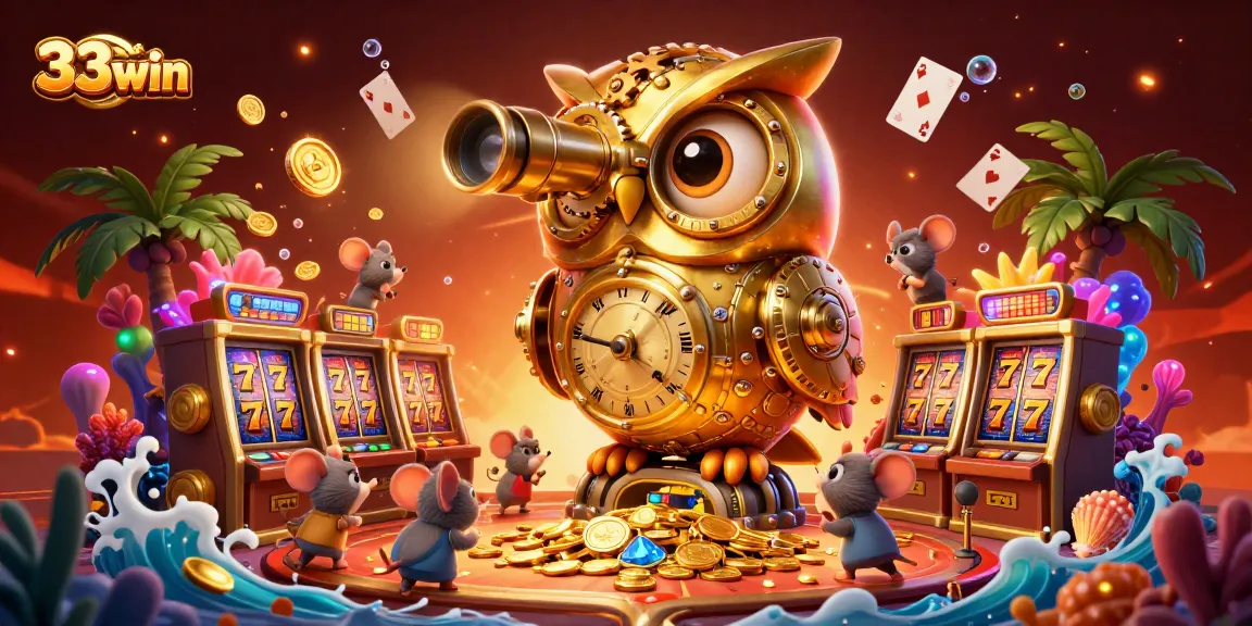 Play 33win in an exciting casino scene with vibrant slot machines and a gold owl guardian.