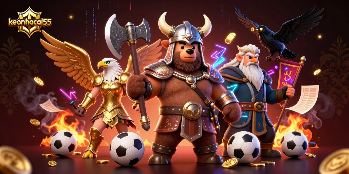 Place bets with keonhacai55 amid vibrant Viking and gambling-themed 3D illustration.