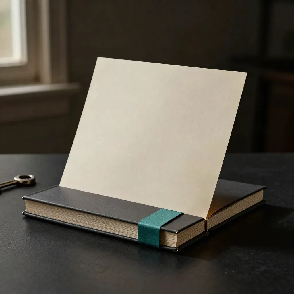 Mörkt studiofoto av ett förvärvsmemoblock med tealband och upplyft sidostapel