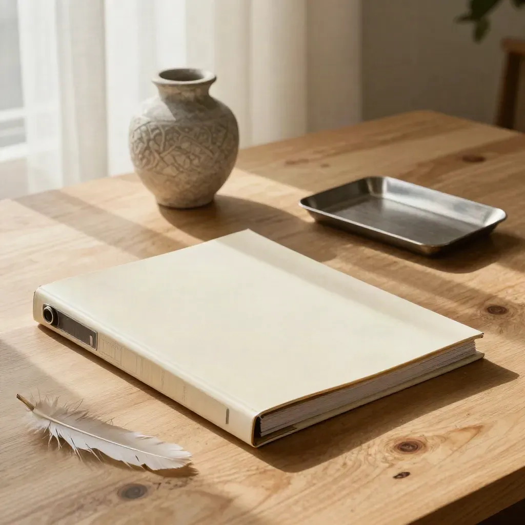Solbelyst lönnbord med linnegardin, stenvas och ljusa binders i mjuka neutrala toner.