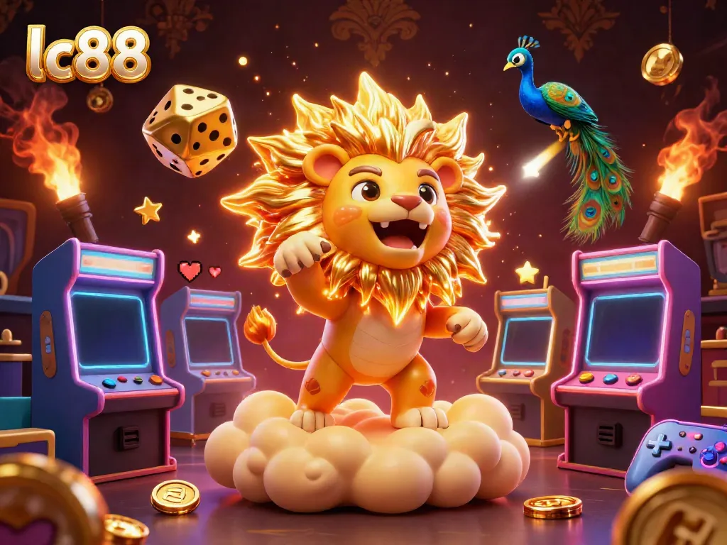 Experience excitement with lc88, featuring a glorious lion and golden dice amidst vibrant casino game elements.