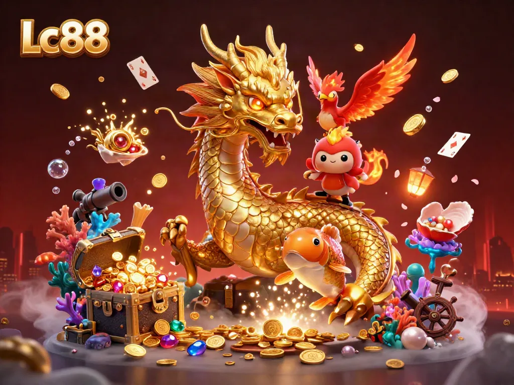 Win big with Lc88 in a vibrant casino-themed 3D scene featuring mythical creatures and treasure.