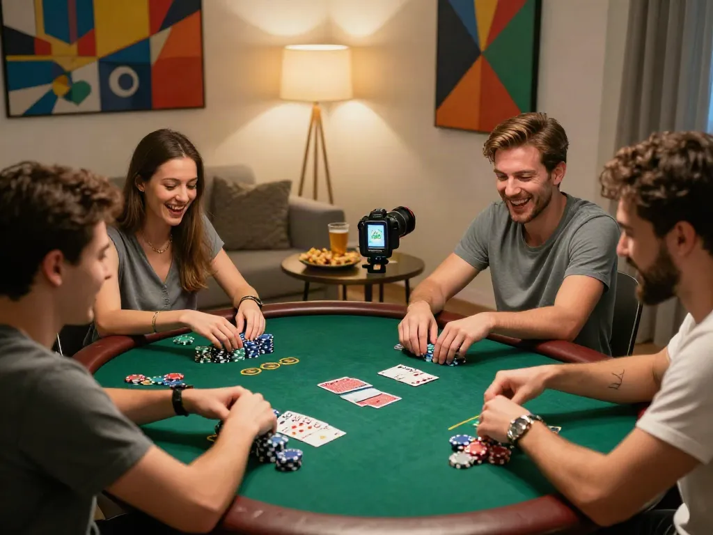 Friends enjoying a lively poker game at home, reflecting excitement and fun from https://rokok88resmi.com.