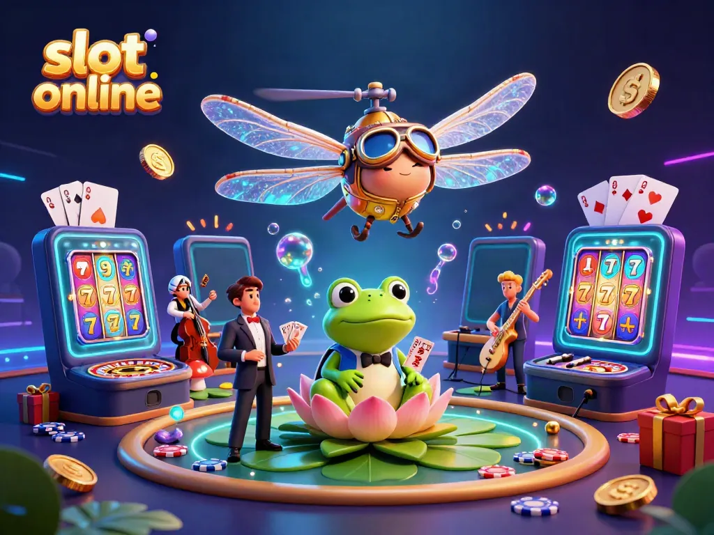 Experience slot online gaming excitement with a whimsical 3D illustration of casino elements and characters.