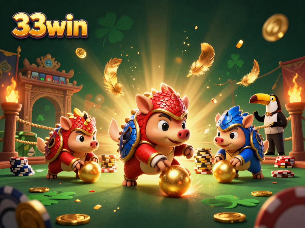 Engage with the thrilling action of 33win's lively casino scene featuring playful pangolins in armor.