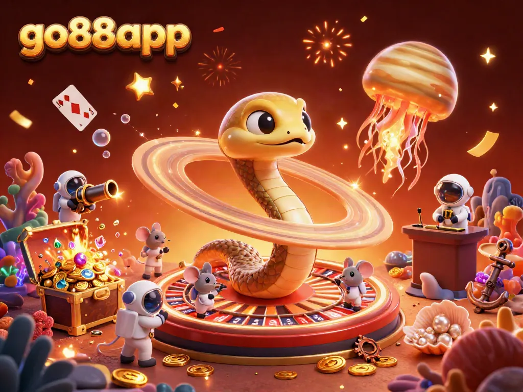 Engage with the vibrant go88app scene featuring a playful snake roulette and cosmic dealer.